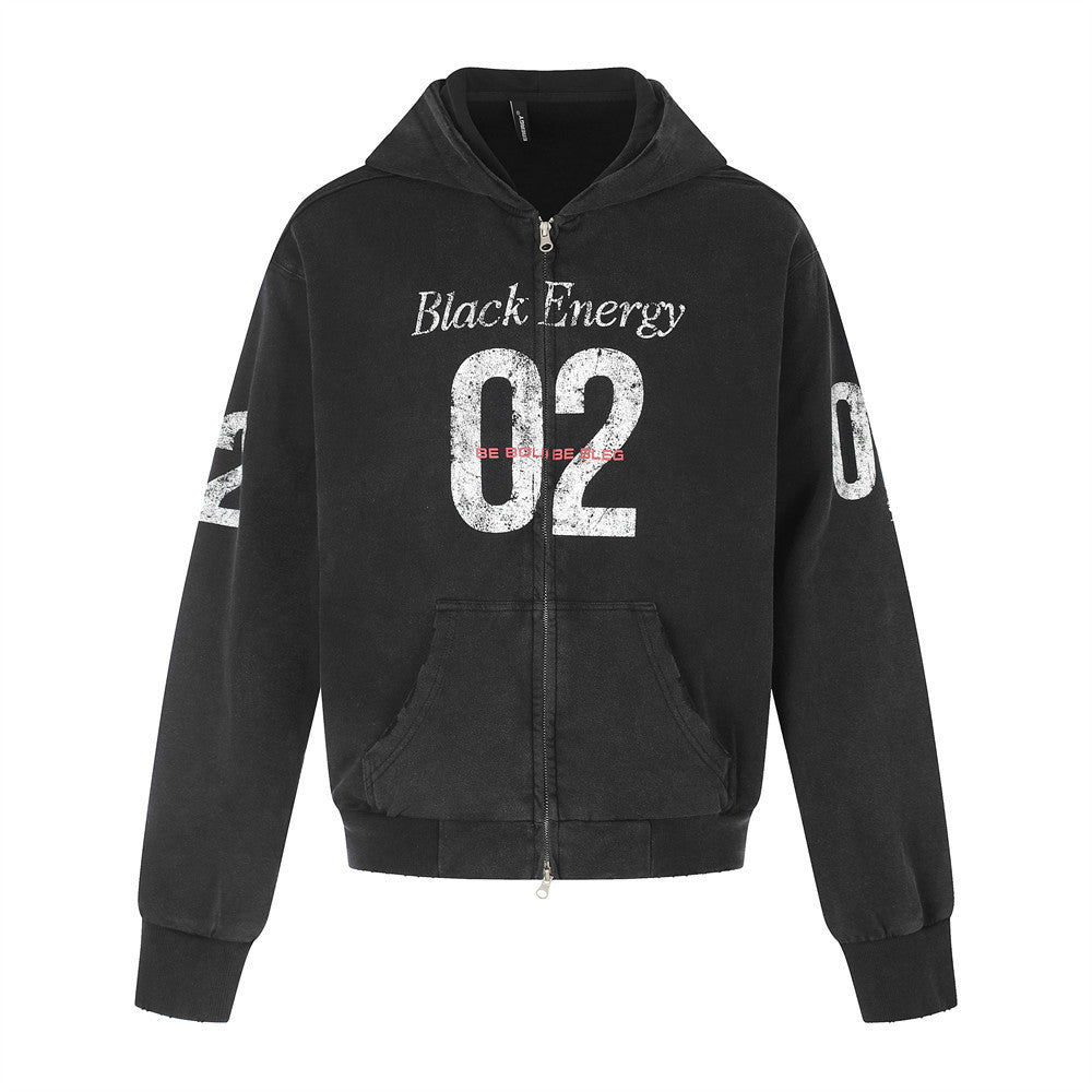 Black zip-up hoodie with front pocket and large '02' graphic, front view