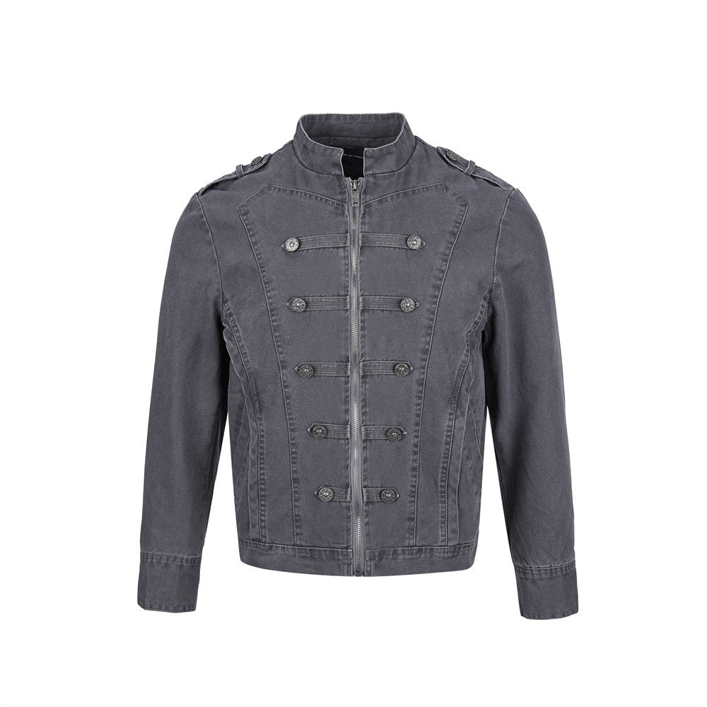 Men's Vintage Military Double-Breasted Zip Jacket with Stand Collar