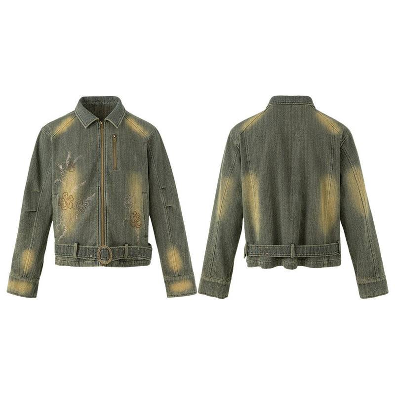 Vintage Washed Denim Jacket – Floral Embroidery, Zip-Up, Belted Waist