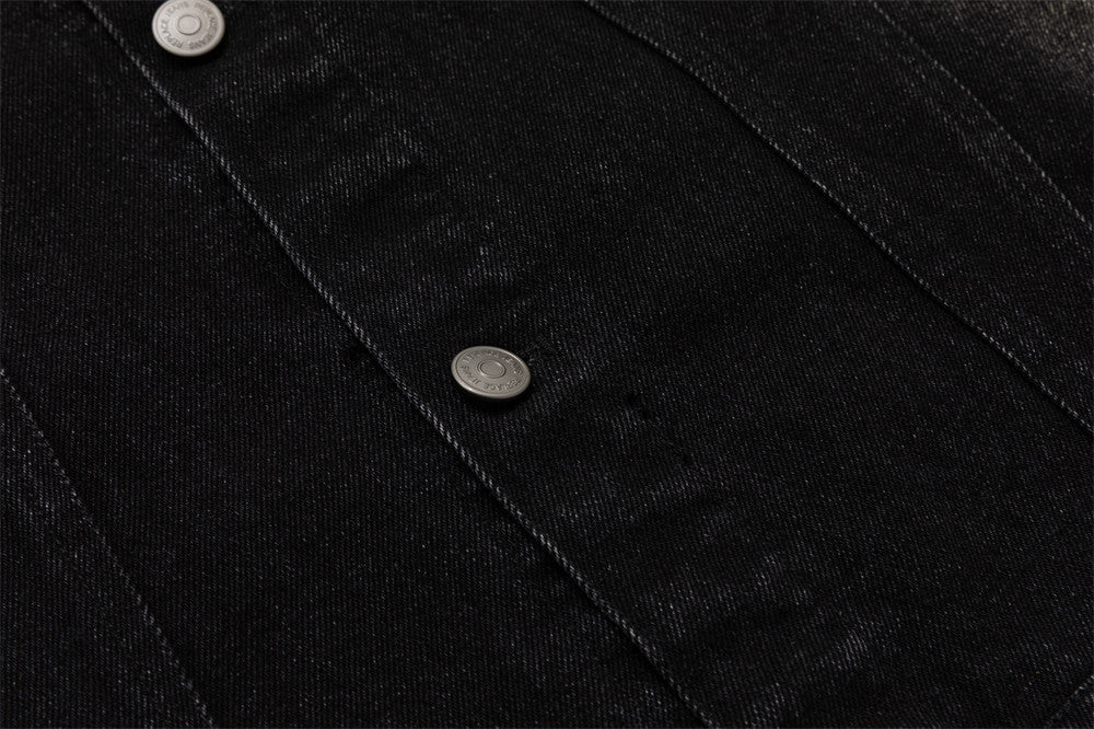 Black Jean Jacket Men – Punk Washed Denim with Metal Ring Hardware