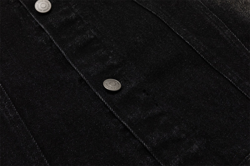 Black Jean Jacket Men – Punk Washed Denim with Metal Ring Hardware
