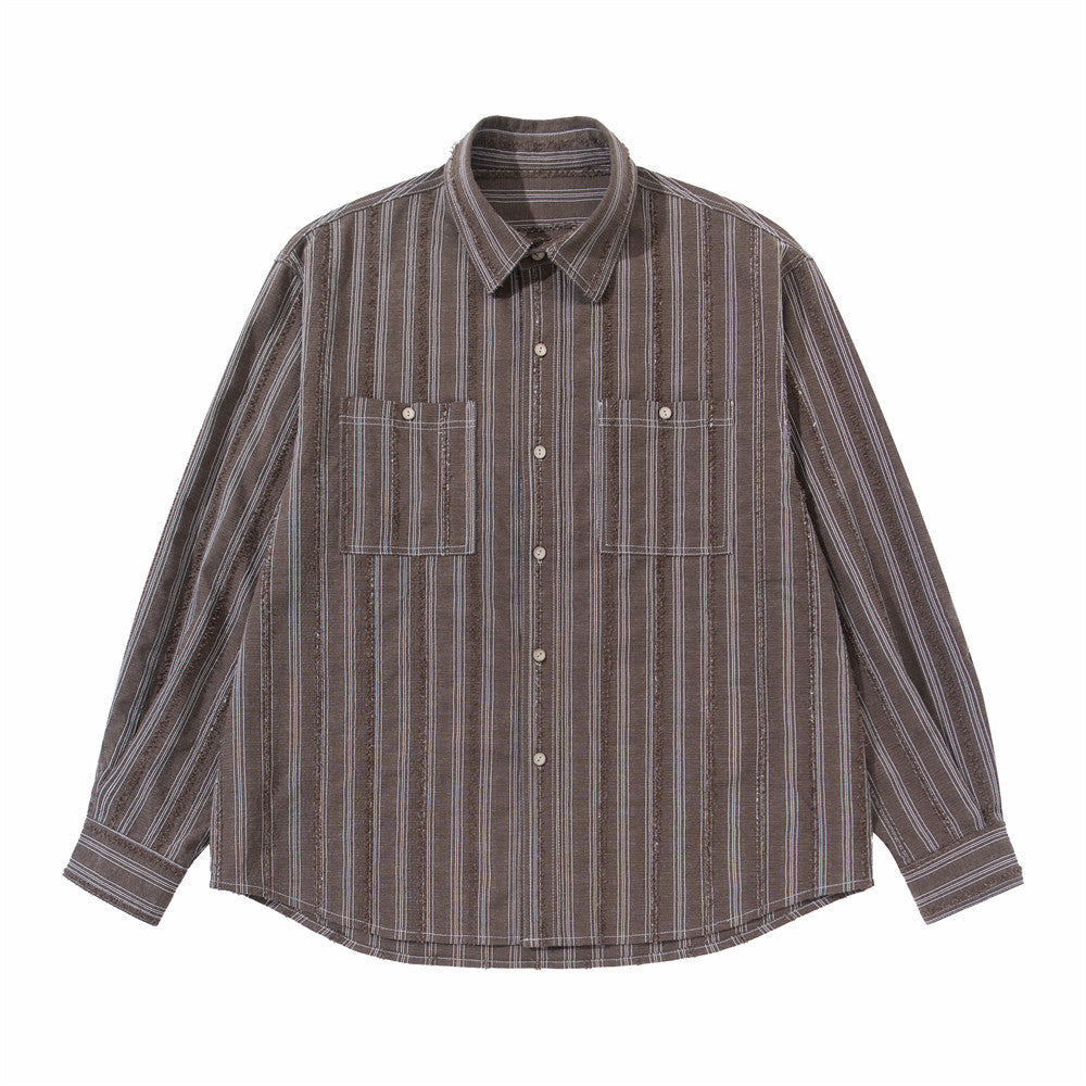 Men's Vintage Striped Oversized Long-Sleeve Shirt with Dual Chest Pockets