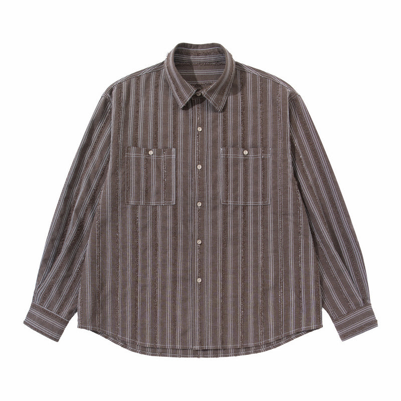 Men's Vintage Striped Oversized Long-Sleeve Shirt with Dual Chest Pockets