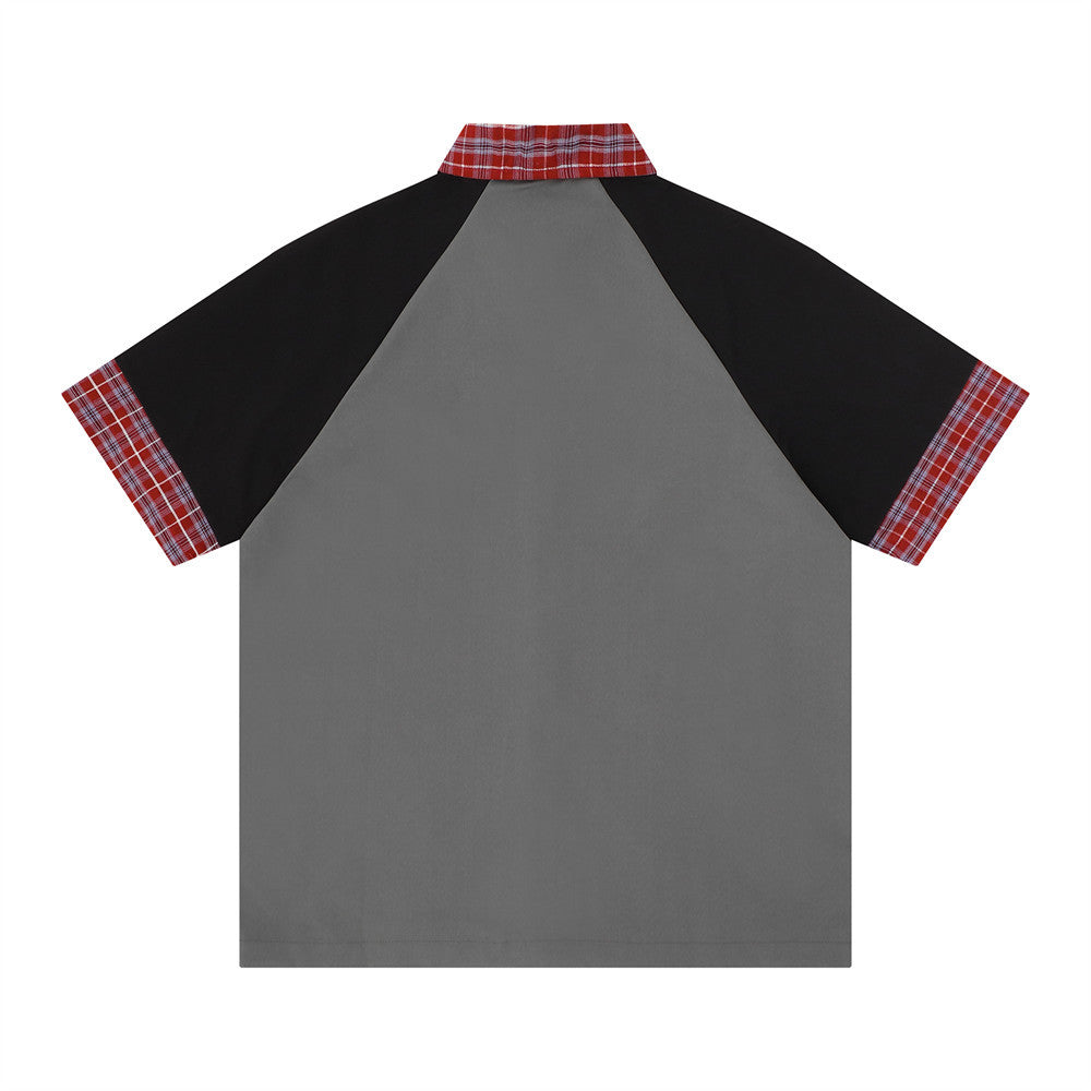 Colorblock Raglan Short Sleeve Shirt with Plaid Collar