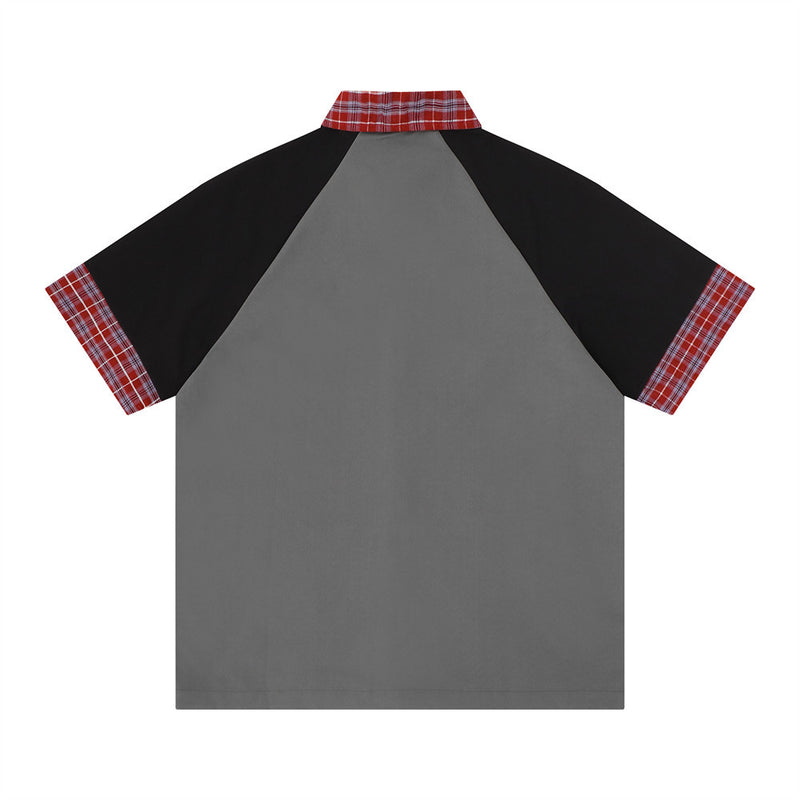 Colorblock Raglan Short Sleeve Shirt with Plaid Collar