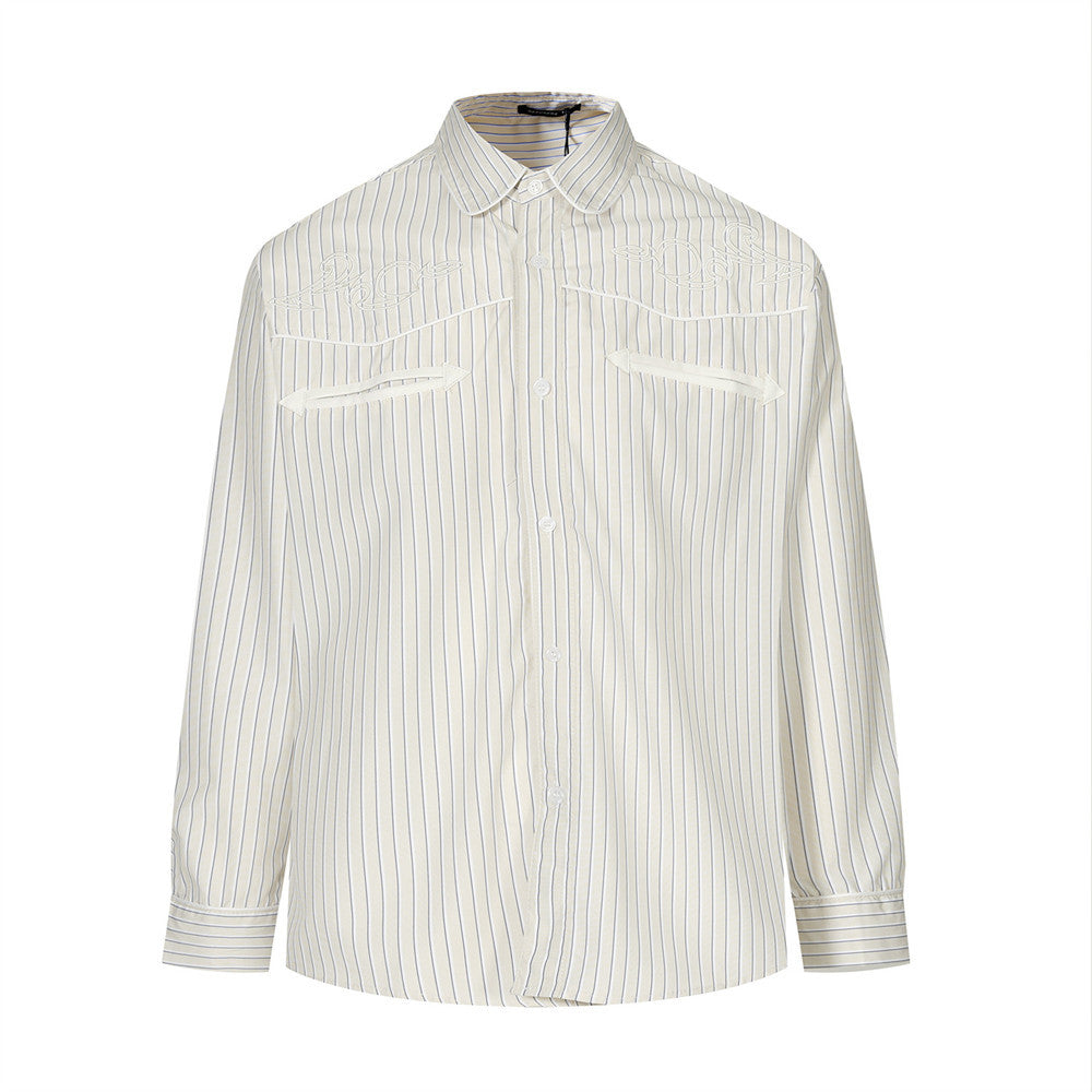 Men's oversized pinstripe long sleeve shirt in cream with tonal chest embroidery and dual flap pockets, front view