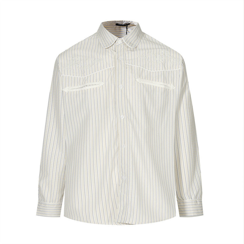 Men's oversized pinstripe long sleeve shirt in cream with tonal chest embroidery and dual flap pockets, front view