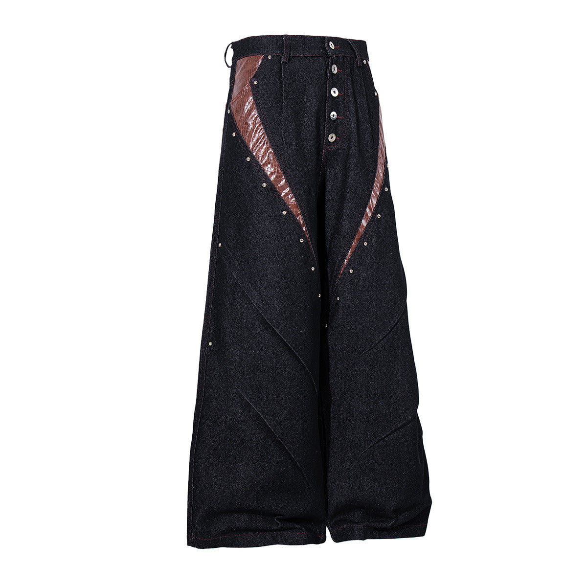 Baggy Wide-Leg Jeans with Croc-Leather Patchwork & Studded Detail — Black Denim