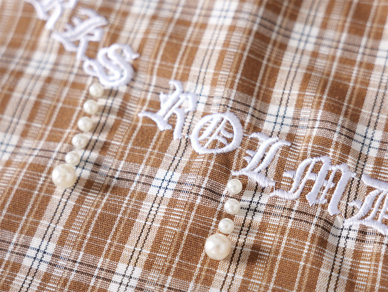 Oversized Plaid Short-Sleeve Shirt with Pearl Star Embroidery