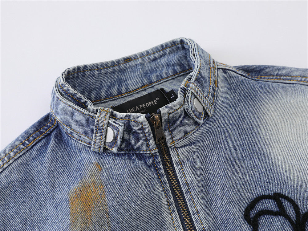 Oversized Black Denim Jacket – Floral Embroidery & Washed Distressed Finish