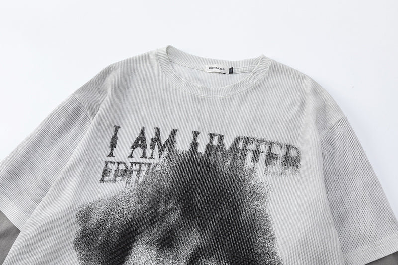 Faux Two-Piece Long Sleeve Graphic Tee – Waffle Knit Face Print Crew Neck Shirt