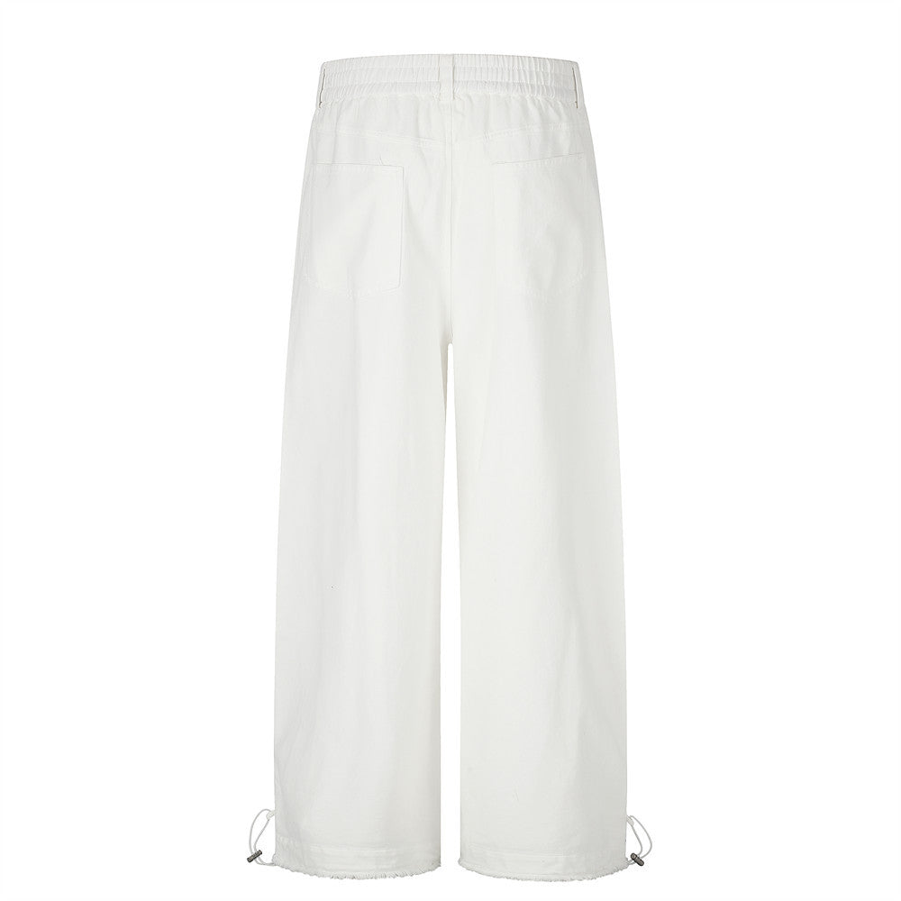 Wide-Leg Straight-Cut Pants – Elastic Waist, Raw Hem & Drawstring Ankle