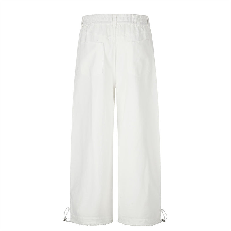 Wide-Leg Straight-Cut Pants – Elastic Waist, Raw Hem & Drawstring Ankle