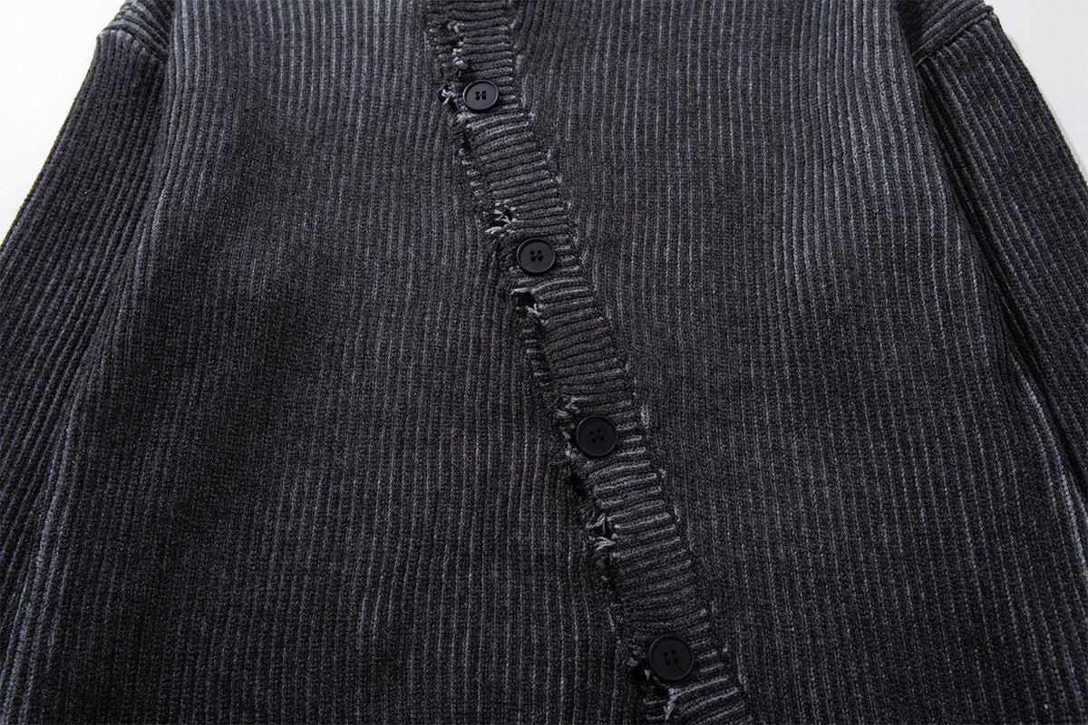 Distressed Ribbed Knit Cardigan with Asymmetric Button Placket – Washed Grey