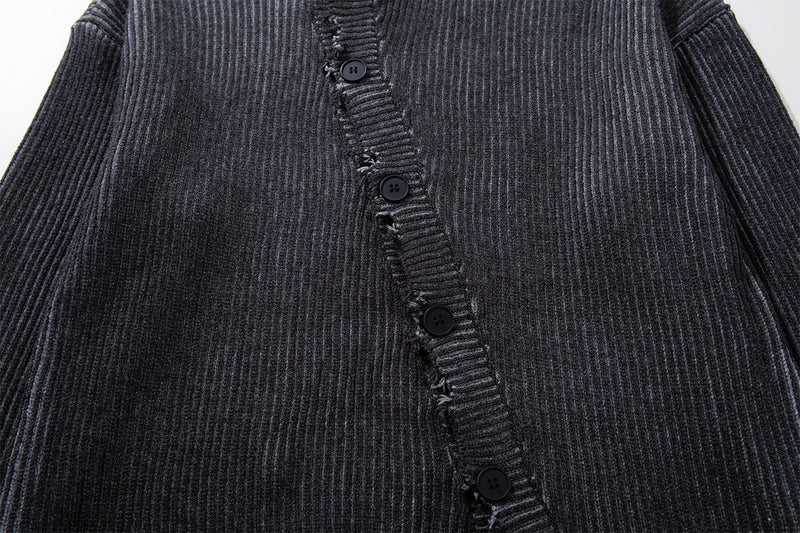 Distressed Ribbed Knit Cardigan with Asymmetric Button Placket – Washed Grey