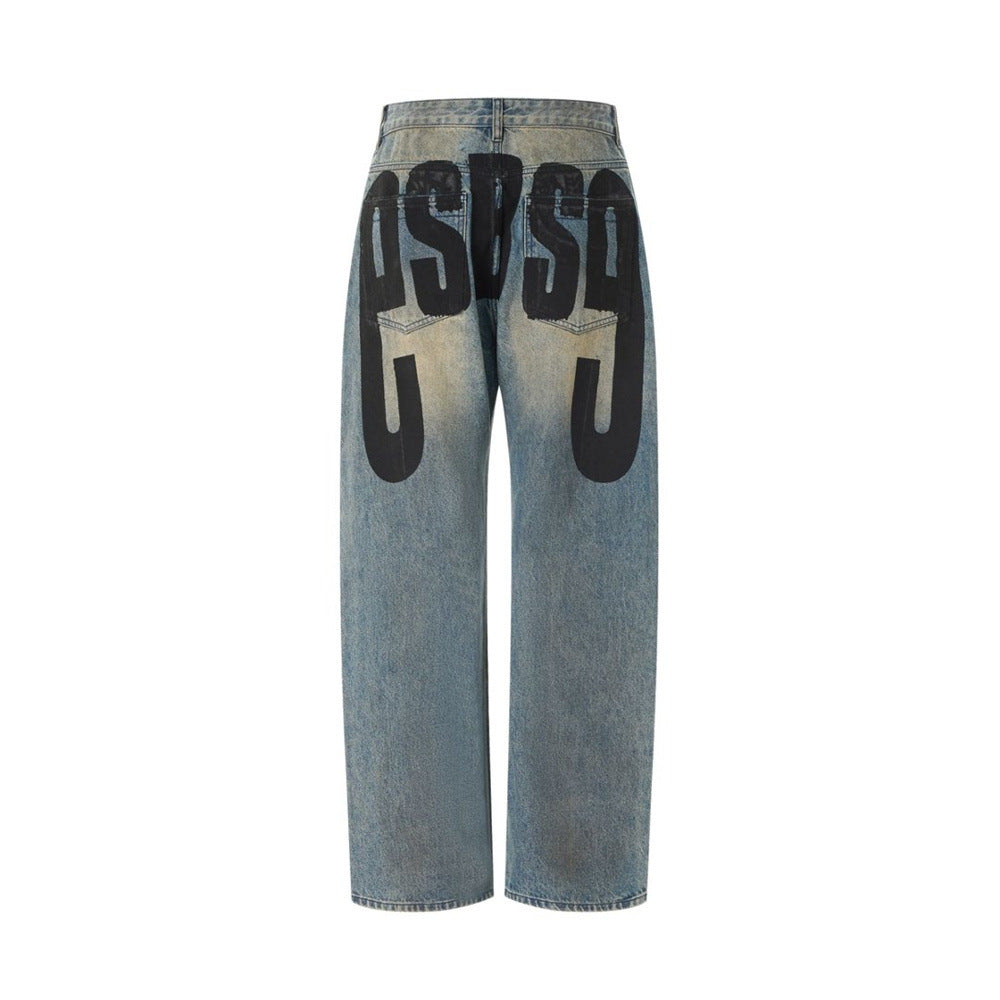 Men's Loose Fit Jeans Vintage Number Print Straight-Leg Baggy Denim Pants