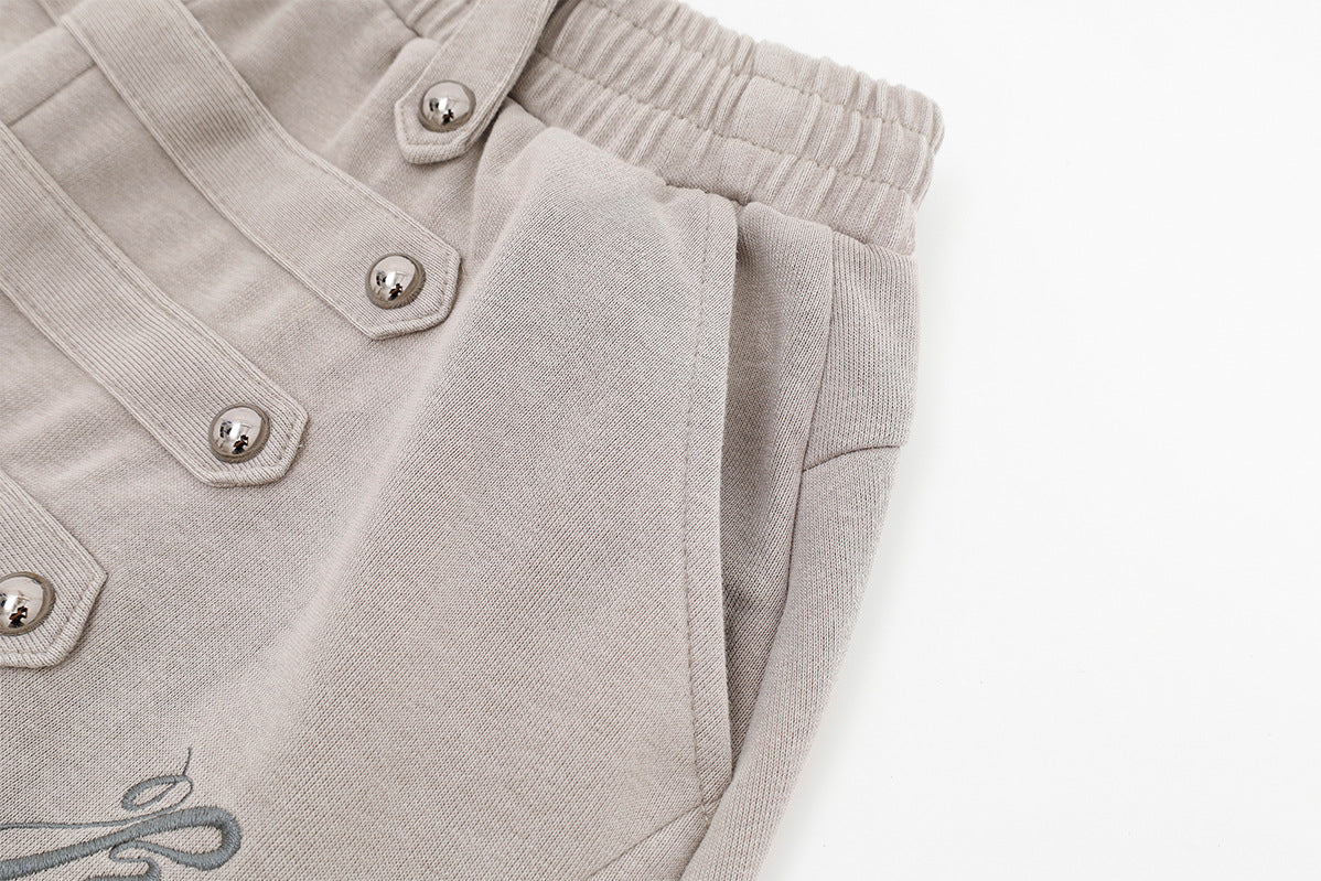 Wide-Leg Sweatpants with Decorative Button Panel & Drawstring Waist