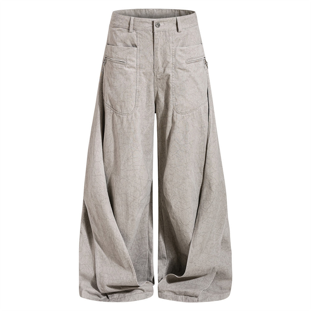 Wide-Leg Pleated Drape Pants – Acid Wash Baggy Trousers with Zip Pockets