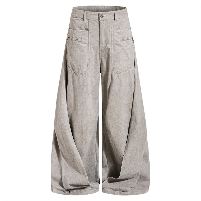 Wide-Leg Pleated Drape Pants – Acid Wash Baggy Trousers with Zip Pockets