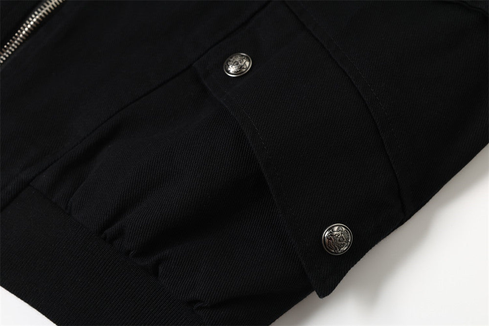 Chaqueta bomber corta para hombre con tiras de hebilla y cuello alto – Cazadora utilitaria con cremallera