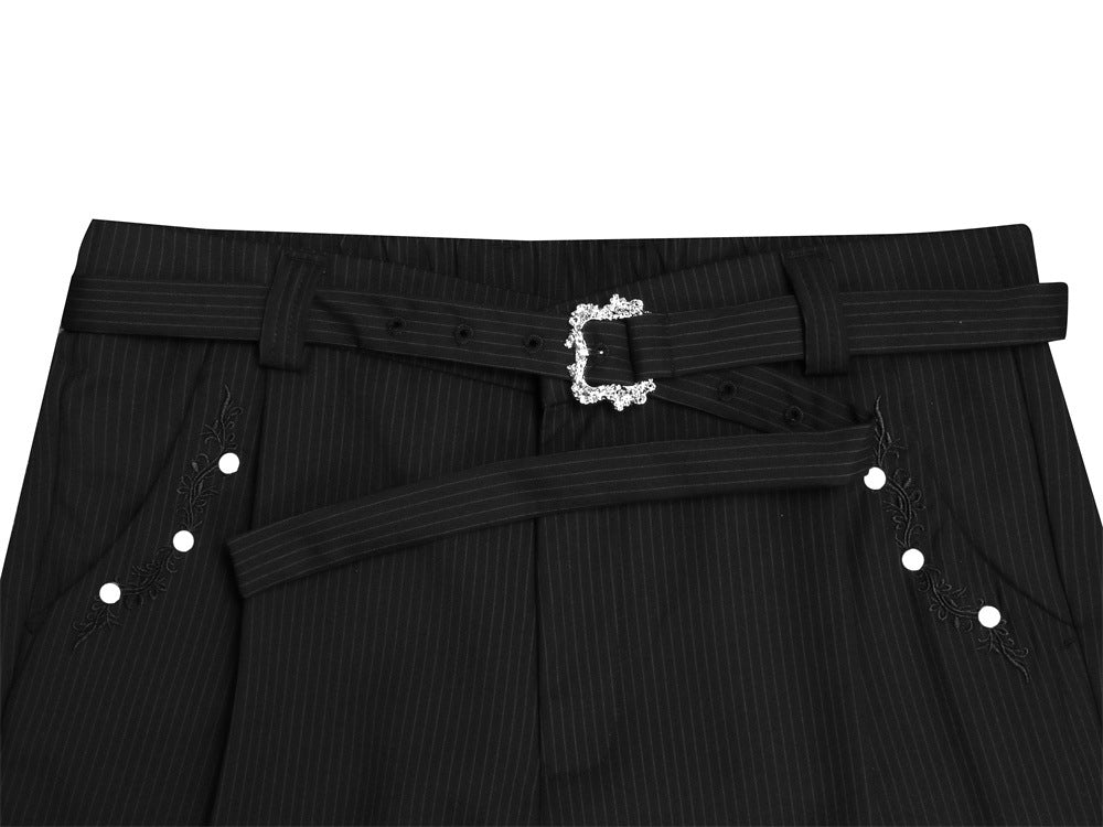 Pantalon ample rayé pour homme avec broderies florales et ceinture