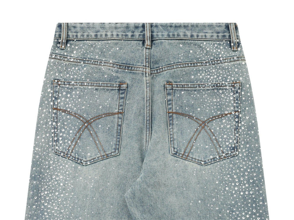 Men's Straight Leg Jeans with All-Over Rhinestone Embellishment – Wide Leg