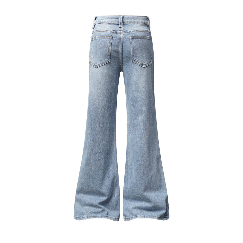 Jean homme flare wide leg – Délavage clair, fente latérale et étoiles