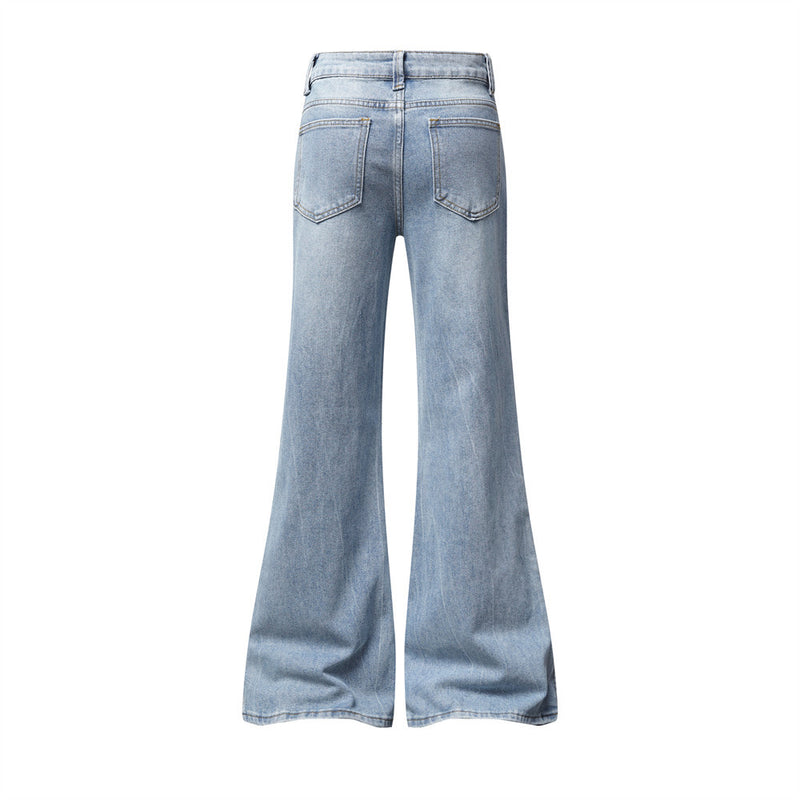 Jean homme flare wide leg – Délavage clair, fente latérale et étoiles