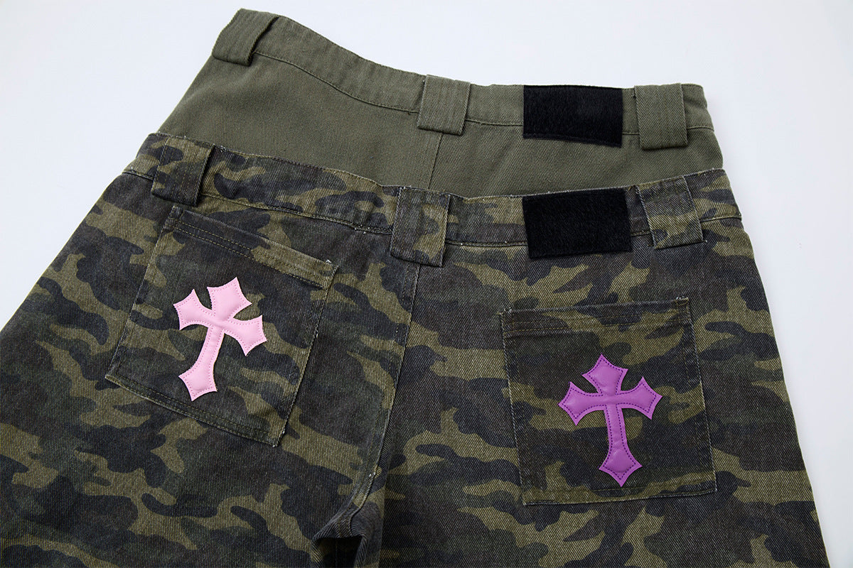 Camo Wide-Leg Balloon Pants – High-Waist Layered Faux Two-Piece with Cross Patch