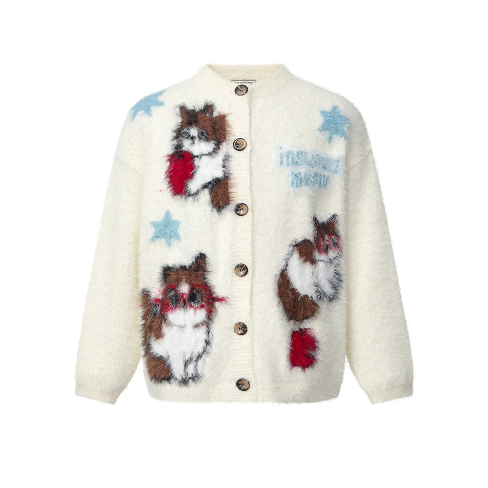 Cat Cartoon Fuzzy Knit Cardigan Sweater – Crew Neck Button-Front