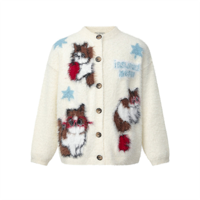 Cat Cartoon Fuzzy Knit Cardigan Sweater – Crew Neck Button-Front