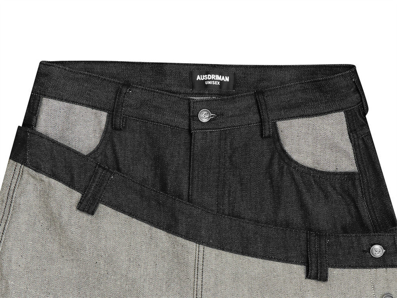 Wide-Leg-Jeans mit zweifarbigem Doppelbund – Script-Stickerei und geschwungener Saum