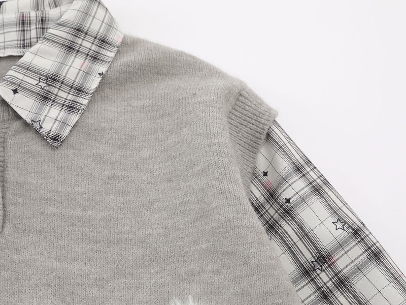 Sweet Cat Fuzzy Knit Sweater with Plaid Shirt Layered Pullover