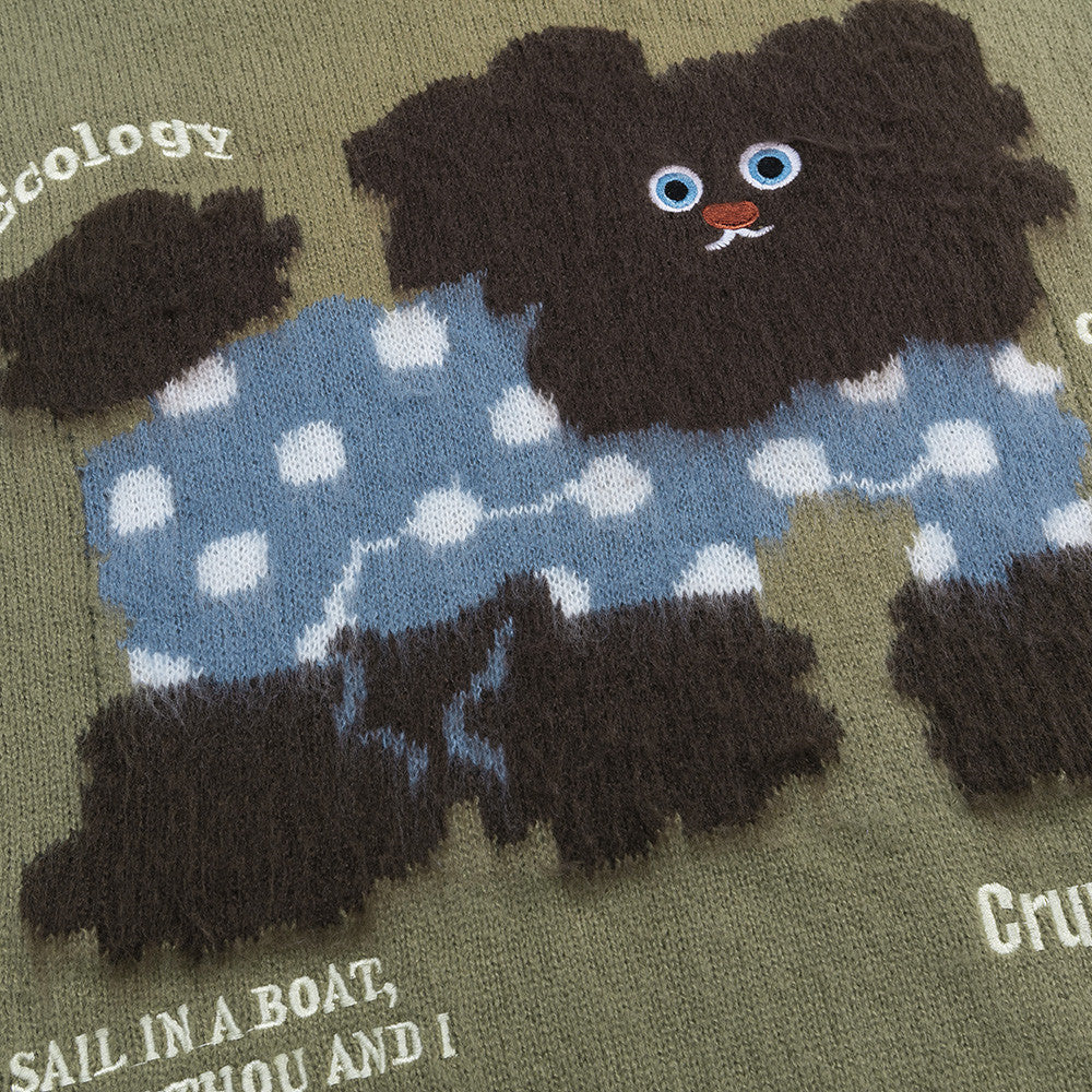 Oversize-Strickpullover mit Cartoon-Hund, Colorblock-Polokragen und langen Ärmeln für Herren
