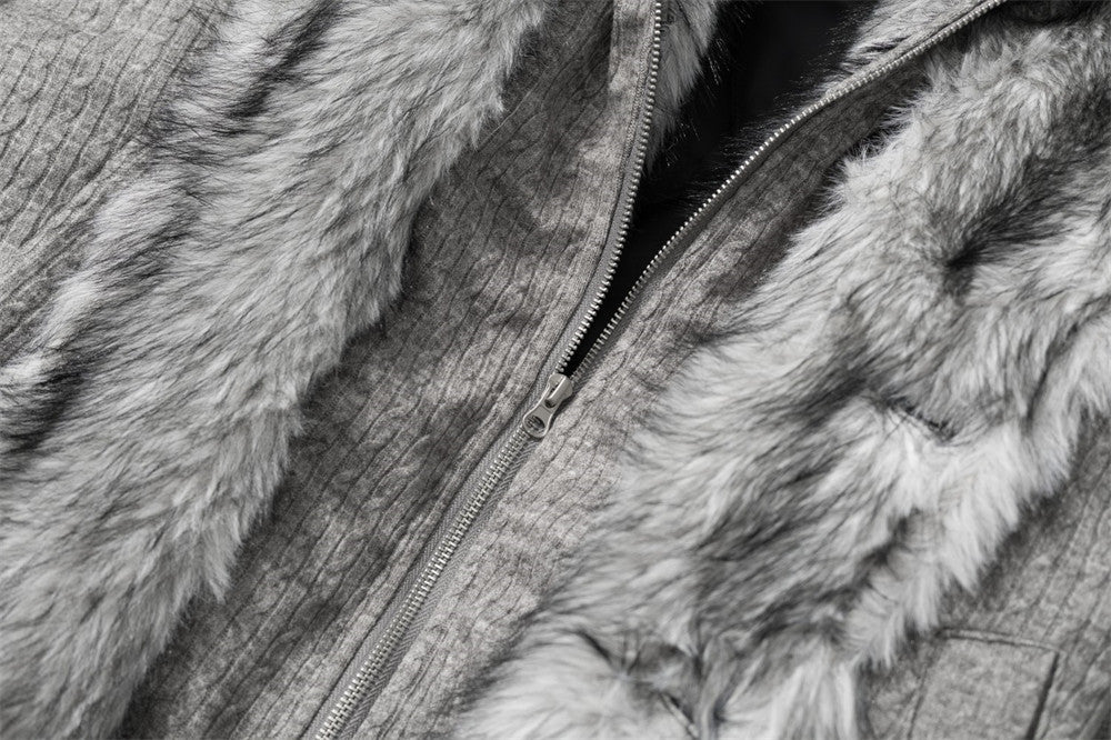 Men's Faux Fur Collar Double-Layer Knit Bomber Jacket