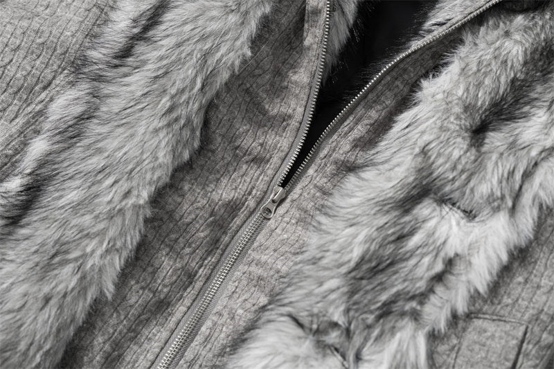 Men's Faux Fur Collar Double-Layer Knit Bomber Jacket