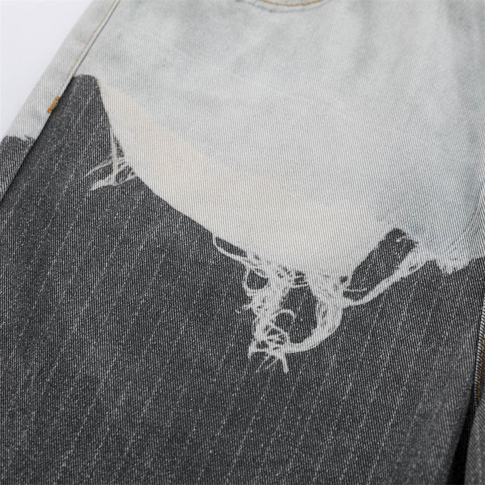 Two-Tone Distressed Wide-Leg Jeans – Contrast Wash Straight Denim