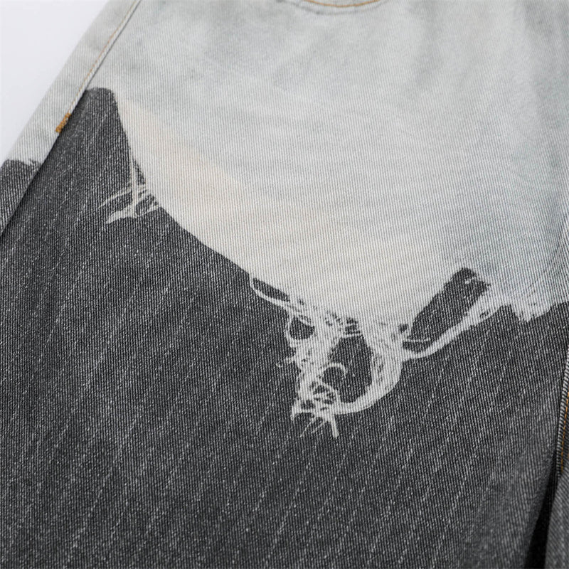 Two-Tone Distressed Wide-Leg Jeans – Contrast Wash Straight Denim