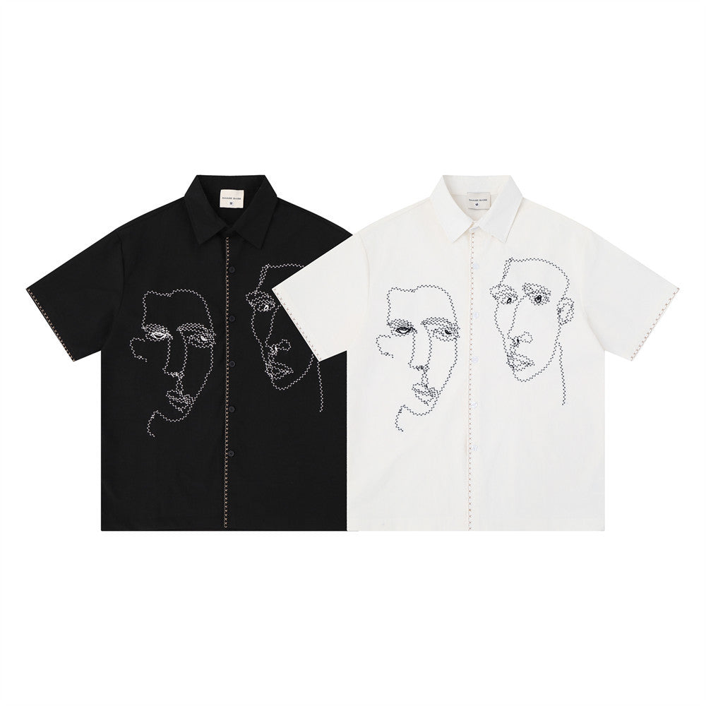 Abstract Face Embroidered Oversized Short-Sleeve Button-Up Shirt