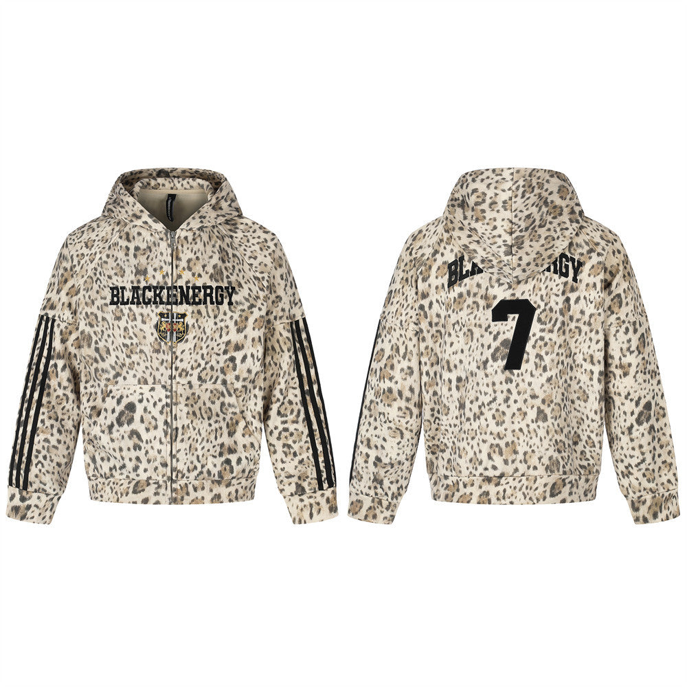 Embroidered Zip Up Hoodie – Leopard Print Streetwear with Side Stripe Detail