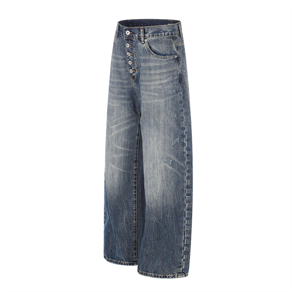 Wide-Leg Jeans Button-Fly Vintage Washed Distressed Denim