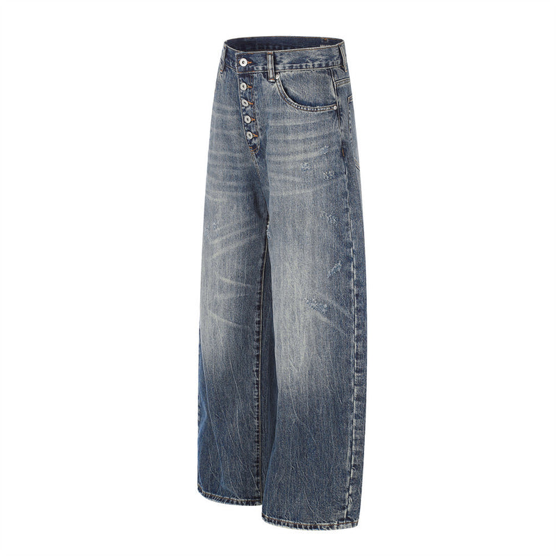 Wide-Leg Jeans Button-Fly Vintage Washed Distressed Denim