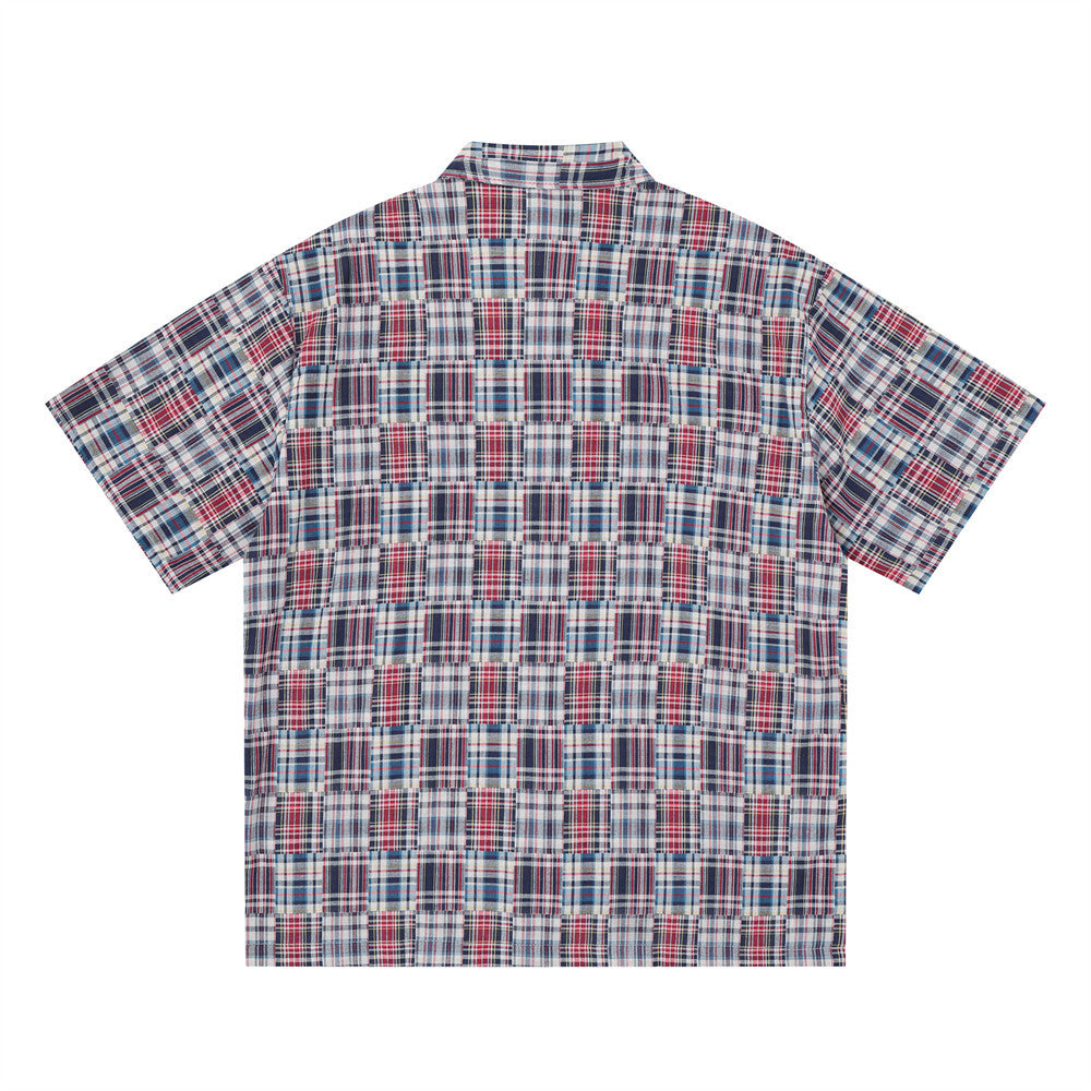 Short Sleeve Shirt Men Patchwork Madras Plaid Oversized Button-Up