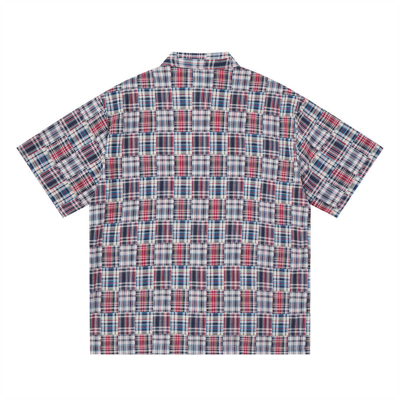 Short Sleeve Shirt Men Patchwork Madras Plaid Oversized Button-Up