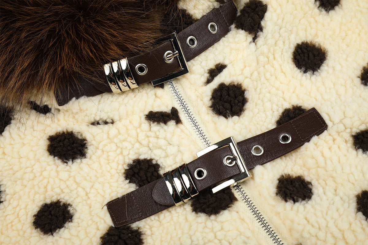 Polka Dot Sherpa Bomber Jacket with Faux Fur Hood Trim
