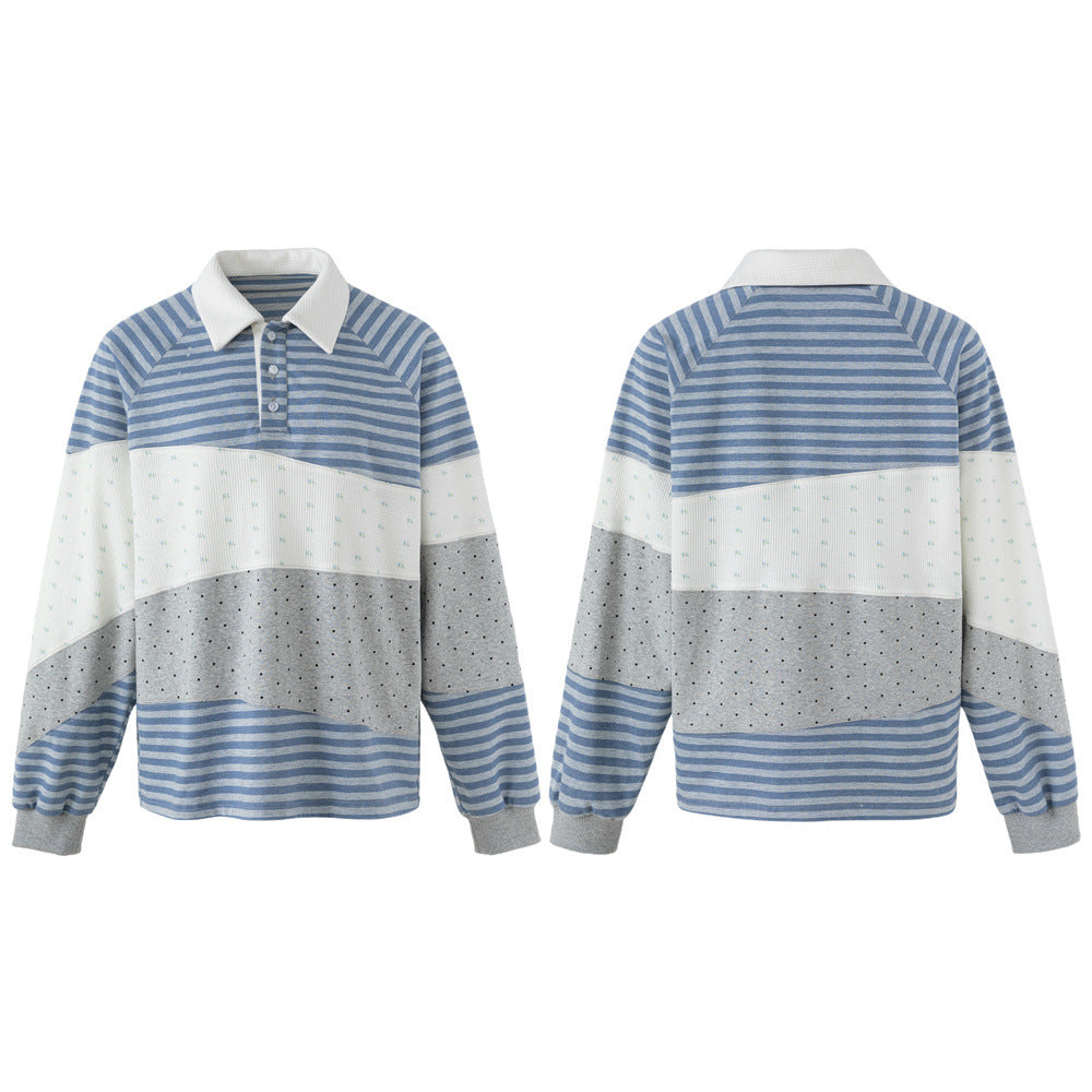 Long Sleeve Polo Shirt Patchwork Striped Color-Block Oversized Top