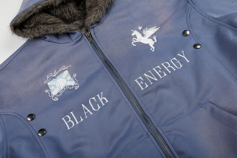 Black Energy Faux Fur-Lined Hooded Bomber Jacket – Washed Fleece Winter Coat