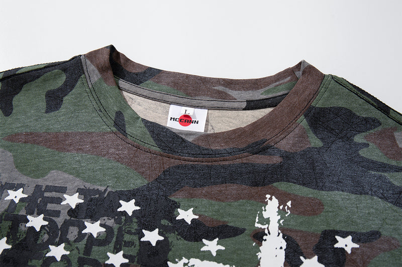 Long Sleeve Camo Graphic Tee – Cross & American Flag Stars Print, Crew Neck
