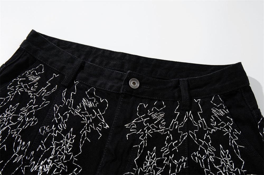 Wide-Leg Denim Shorts – All-Over Chaotic Stitch Embroidery, Hip-Hop Style