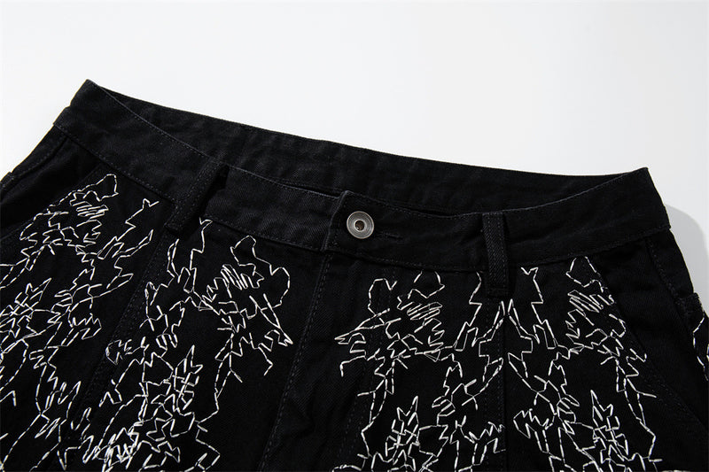 Wide-Leg Denim Shorts – All-Over Chaotic Stitch Embroidery, Hip-Hop Style